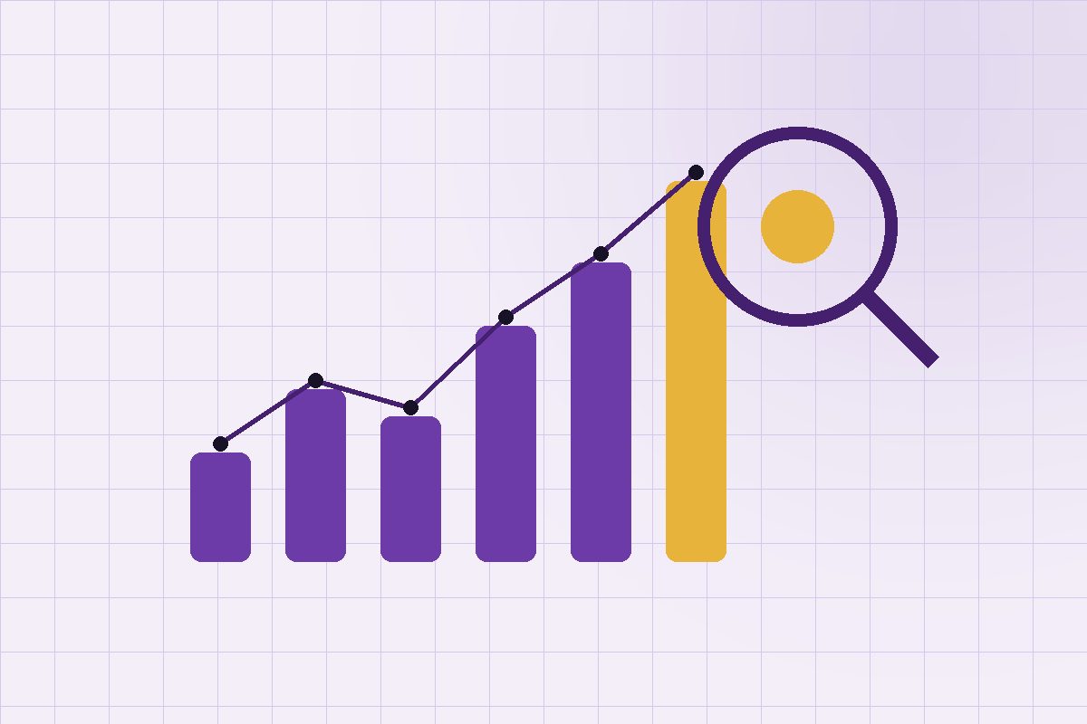 Rising organic search traffic bars with a trend line and a magnifier over the top result